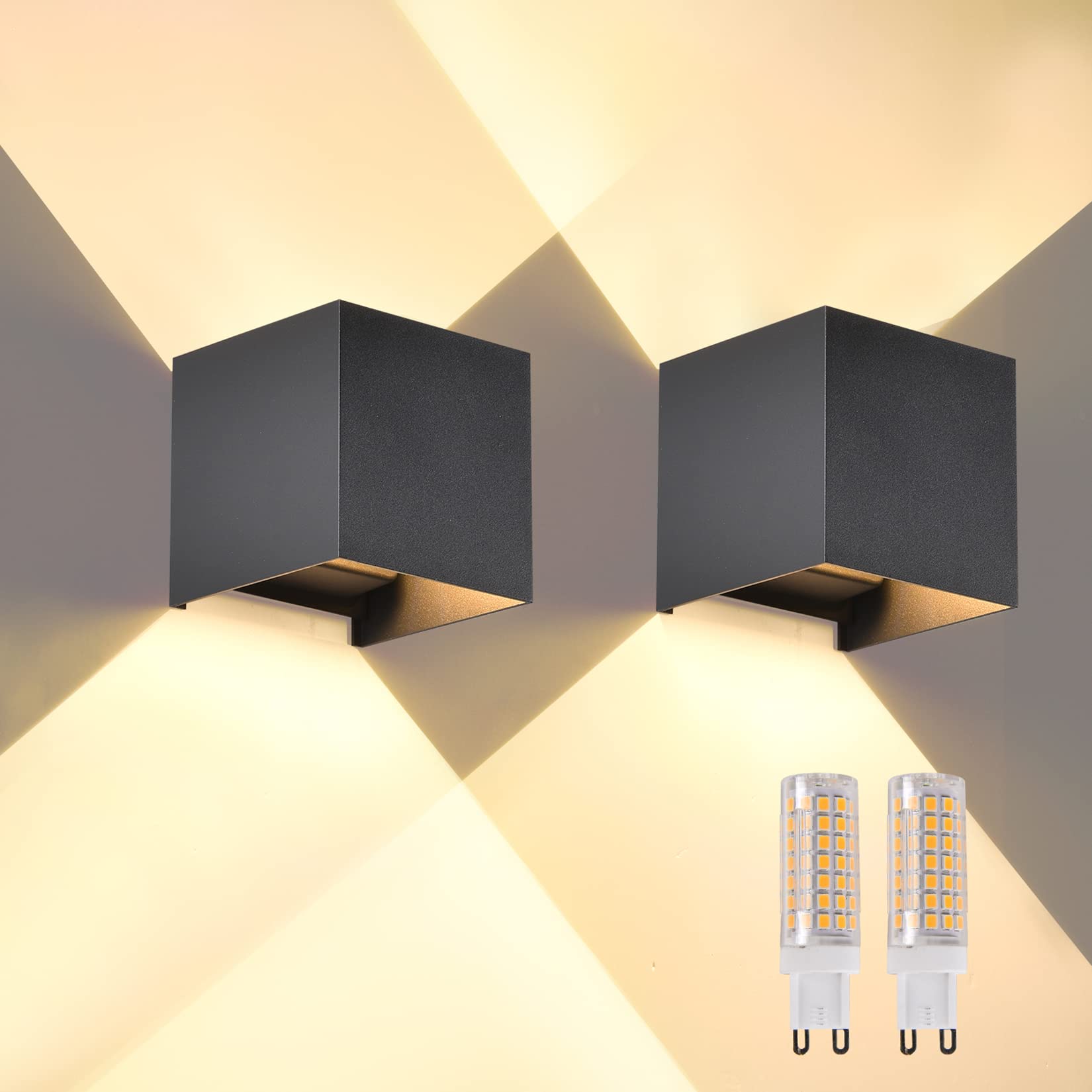 Photo 1 of 2 Pcs G9 Outdoor Wall Lights Exterior/Interior Wall Sconces Up and Down Lights IP65 Waterproof Modern Outdoor Lighting Square Aluminum Black 3000K Warm Lights Replaceable bulb, Adjustable Light Angle