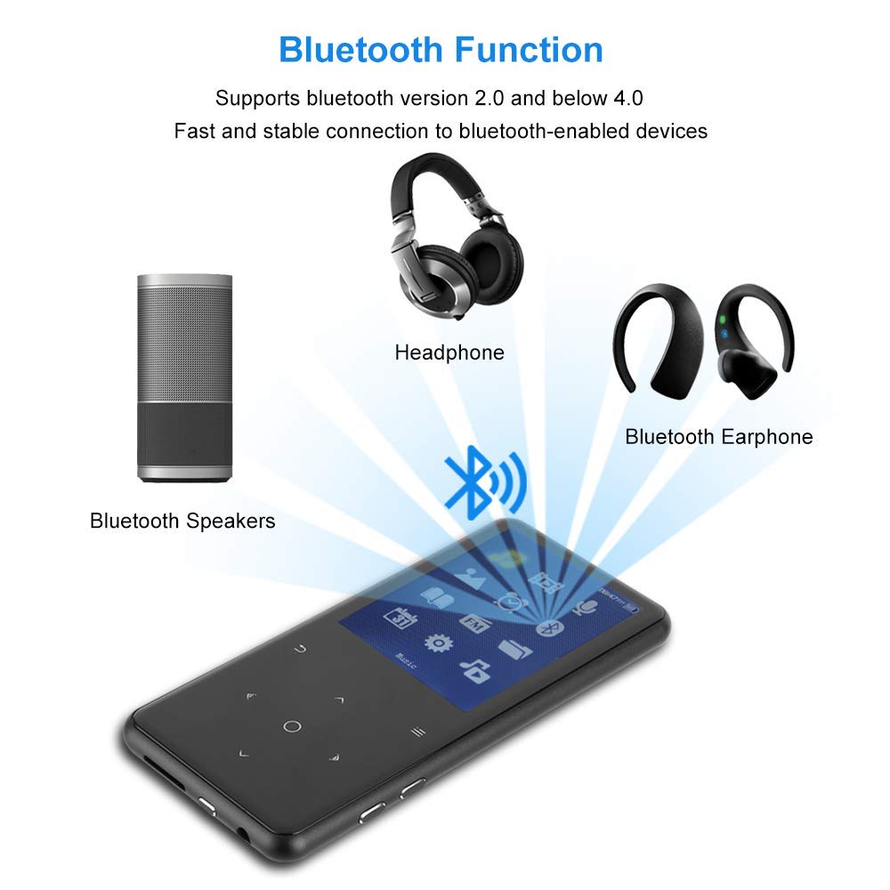 MP3 Player with Bluetooth, Mbuynow 16GB Music Player 2.4 Inch Screen with FM Radio Voice Recorder HIFI Lossless Sound Touch button with Video E-Book Support Up to 128GB TF Card (Black)