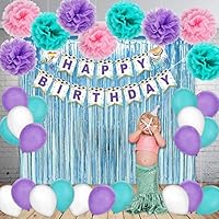 Pawliss Mermaid Party Supplies Set Decoration, Happy Birthday Banner, Balloons, Pom Poms Flowers, Foil Metallic Curtains, for Girl