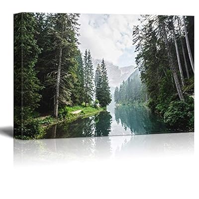 Canvas Wall Art - Clear Lake and Mountain in The Forest - Giclee Print Gallery Wrap Modern Home Art Ready to Hang - 16x24 inches