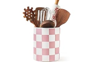 Swkien Utensil Holder，7.2 Inch Checkered Utensil Holder, Ceramic Cooking Utensil Spoon/Spatula Holder for Countertop, Kitchen