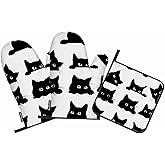 Samgula Black Cats Oven Mitts and Pot Holders Sets Bright Eyes Lovely Action Collection Heat Resistant 3pcs for Cooking Baking BBQ