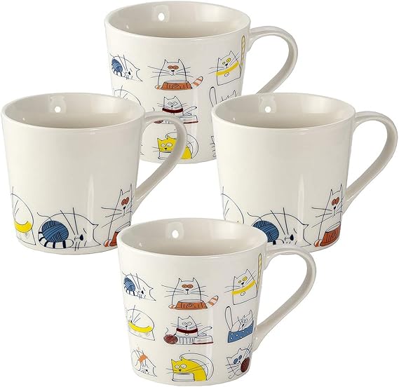 Set of 4 Cat Mugs Cups for Coffee, Tea and Hot Drinks, Large Mug Size