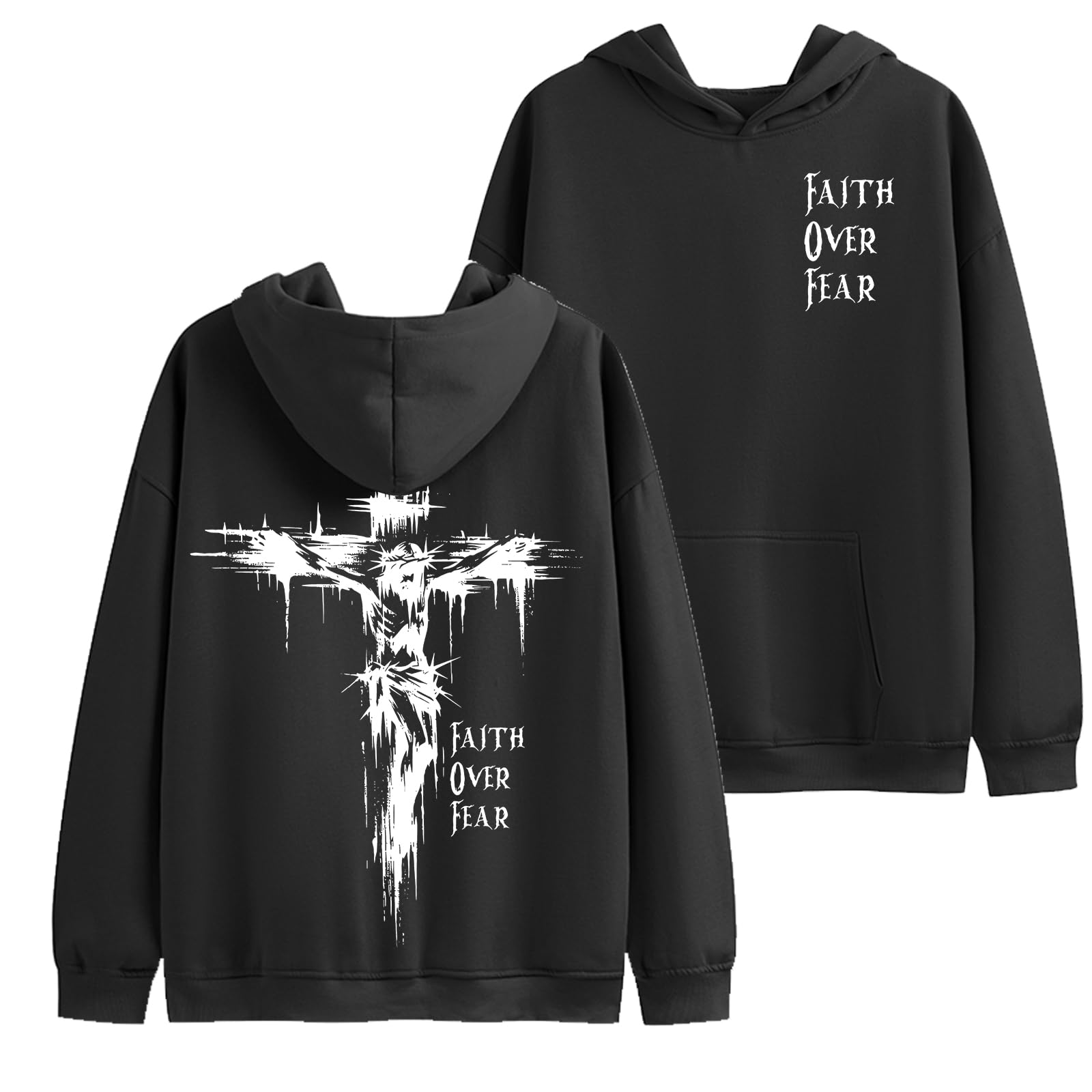 Photo 1 of *UNKNOWN SIZE** BINTEHGS Faith Over Fear Hoodie Christian Religious Hoodies for Men Oversized Cross Graphic Sweatshirts Jesus God Pullover Black