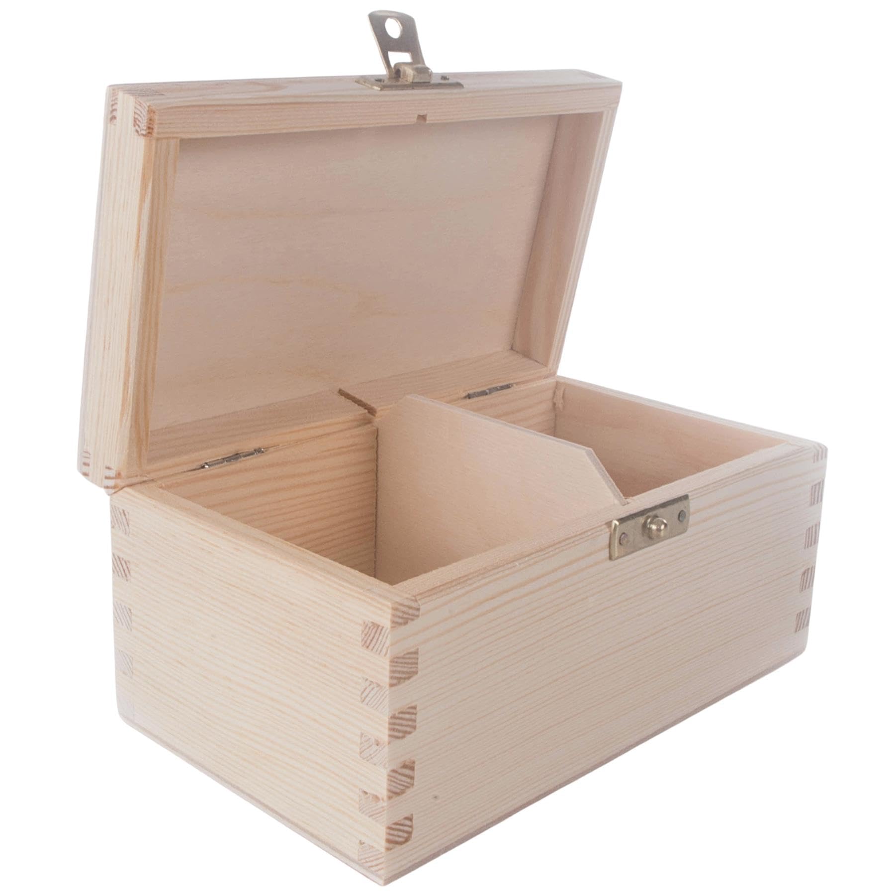 Rectangular Oblong Wooden Box with 2 Sections & Clasp | 16.3 x 9.3 x 8 cm | Accessories Storage Case Tea Bag Sewing Jewellery Caddy Organiser Divided Compartments | Unpainted Decorative Wood