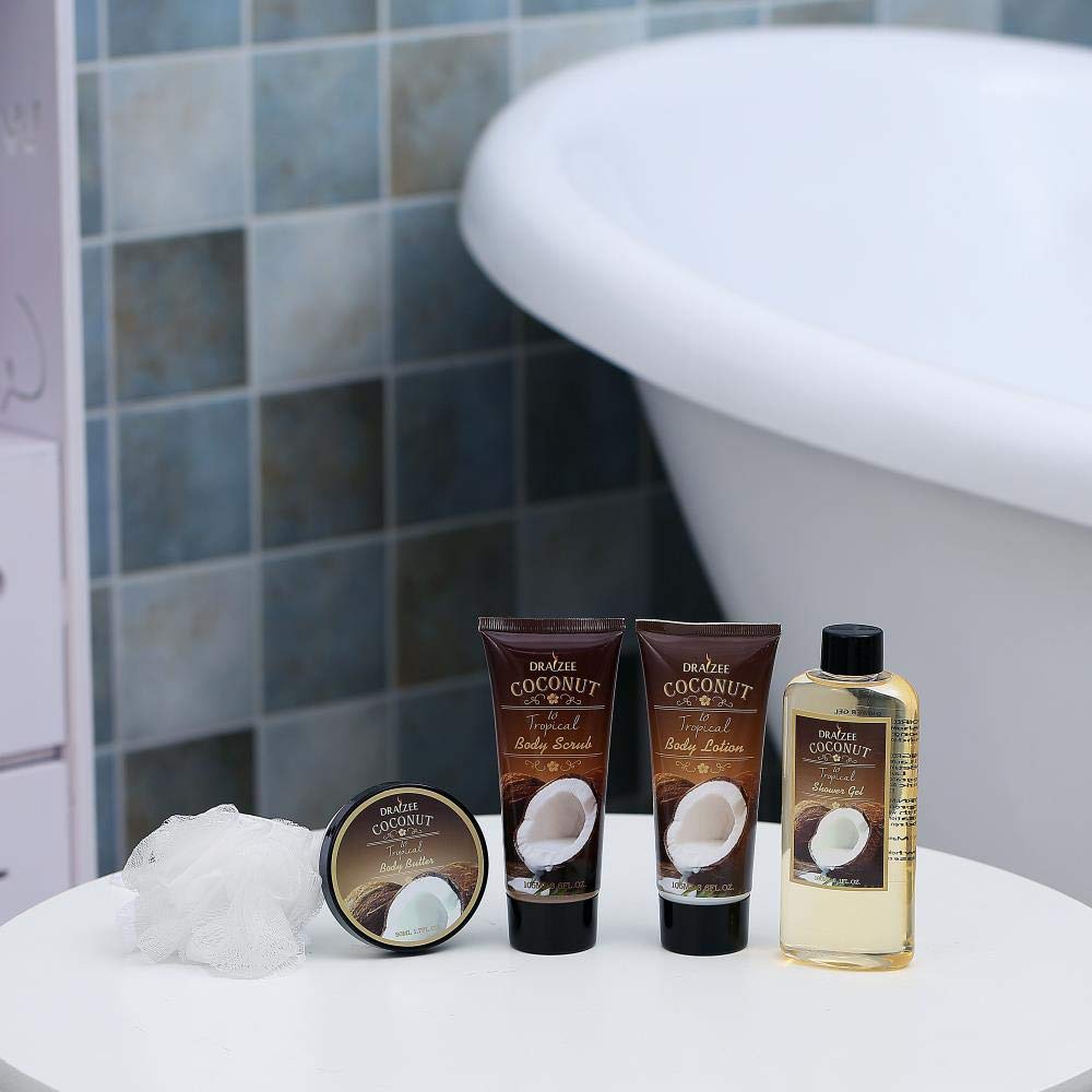 Draizee Luxury 5 Pcs Draizee Coconut Scented Spa Gift Basket for Women Bath & Body Set Lotion, Scrub & Butter, Shower Gel & Puff, Self Care Gifts for Mom