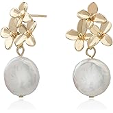 11-12mm Freshwater Cultured Coin Pearl Flower Statement Dangling Drop Earrings for Women
