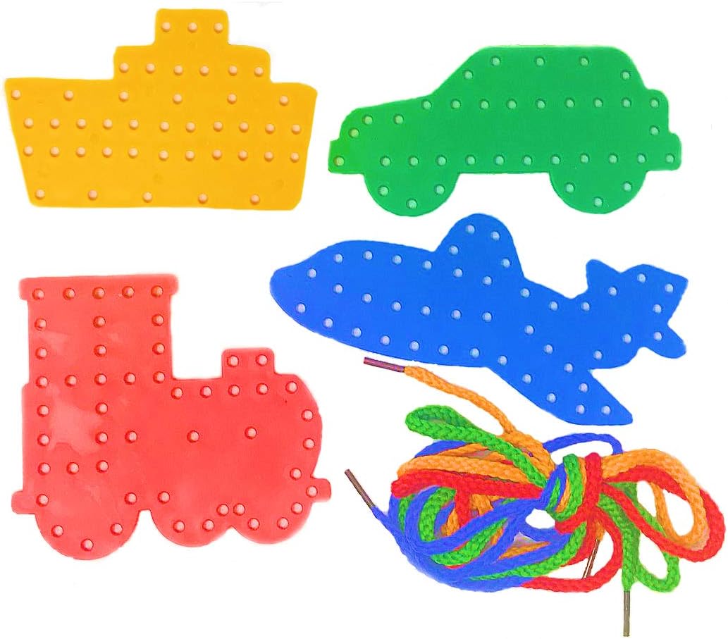 Fine Motor Skills Toys, 4 Transport Lacing Shapes - Threading Toys, Toddler Plane Activities, Travel Lacing Cards for Kids