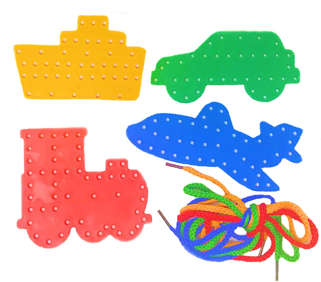 Fine Motor Skills Toys, 4 Transport Lacing Shapes - Threading Toys, Toddler Plane Activities, Travel Lacing Cards for Kids