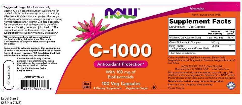 NOW Foods Supplements, Vitamin C-1,000 with 100 mg of Bioflavonoids, Antioxidant Protection*, 100 Veg Capsules: Health & Personal Care