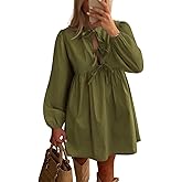 BTFBM Women's Casual Short Dress 2026 Bow Tie Front Puff Long Sleeve Button A Line Cute Y2K Going Out Dresses Pockets