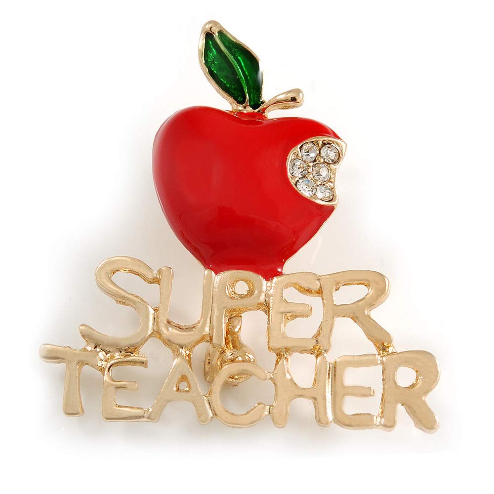 Gold Tone Red/Green Enamel Crystal Apple 'SUPER TEACHER' Brooch - 40mm Across
