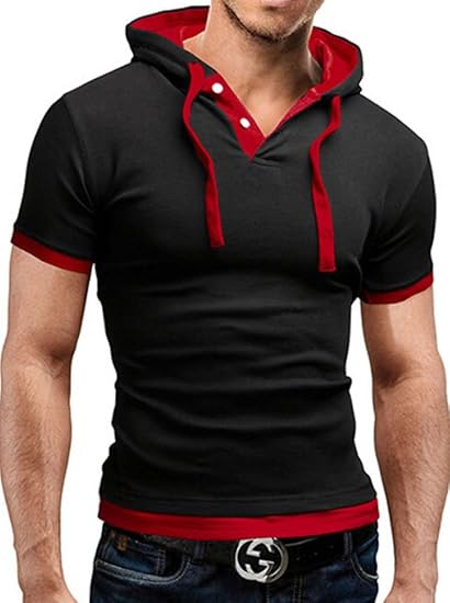 Men's Hooded Short Sleeve Polo Shirt (US:XS (Tag L), Black)