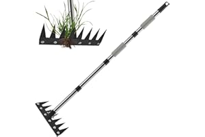 GVCVHVCV Weeding Rake Tool, Garden Weed Puller with Detachable Long Handle, 62 Inch Heavy Duty Hand Weed Remover Tool for Lawn, Yard, Atio and Backyard (7 Tines)