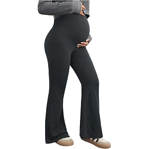 OYOANGLE Maternity Pants for Women Fleece Lined Flare Pants Tummy Control High Waist Bell Bottom