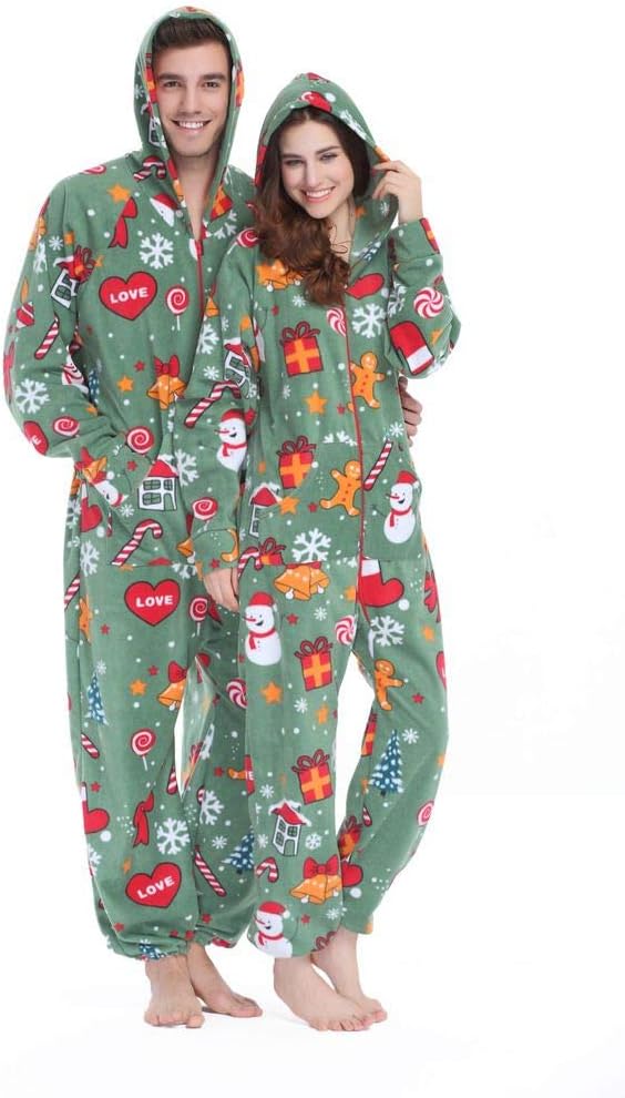 XMASCOMING Women's & Men's Hooded Fleece Onesies One-Piece Pajamas