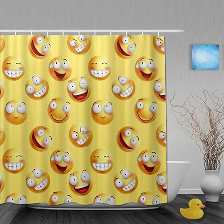 FAKAINU Duschvorhang,Gelbe glückliche Gesichter,mit 12 Ringen Waschbar