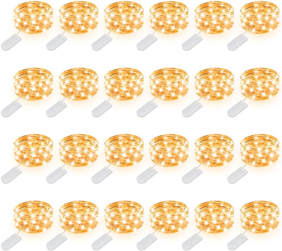 MUMUXI 24 Pack Fairy Lights Battery Operated, 7.2ft 20 LED Mini Waterproof String Lights Copper Wire Firefly Starry Lights for Wedding Party Mason Jars Crafts Christmas Decor, Warm White