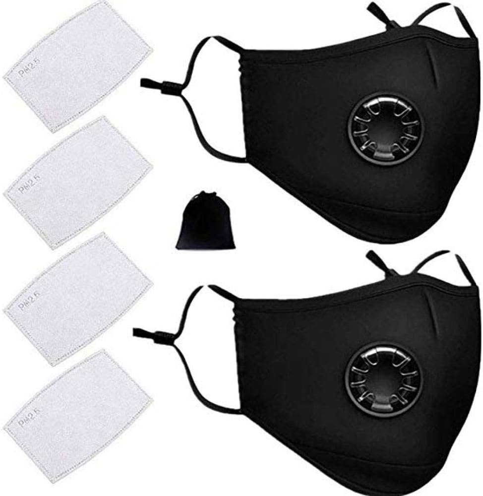 2 Pack Air Pollution Masks With 4 Air Filter Sheet Cotton Washable Reusable Anti Dust Smoke Face Mouth Mask With Adjustable Straps-Black
