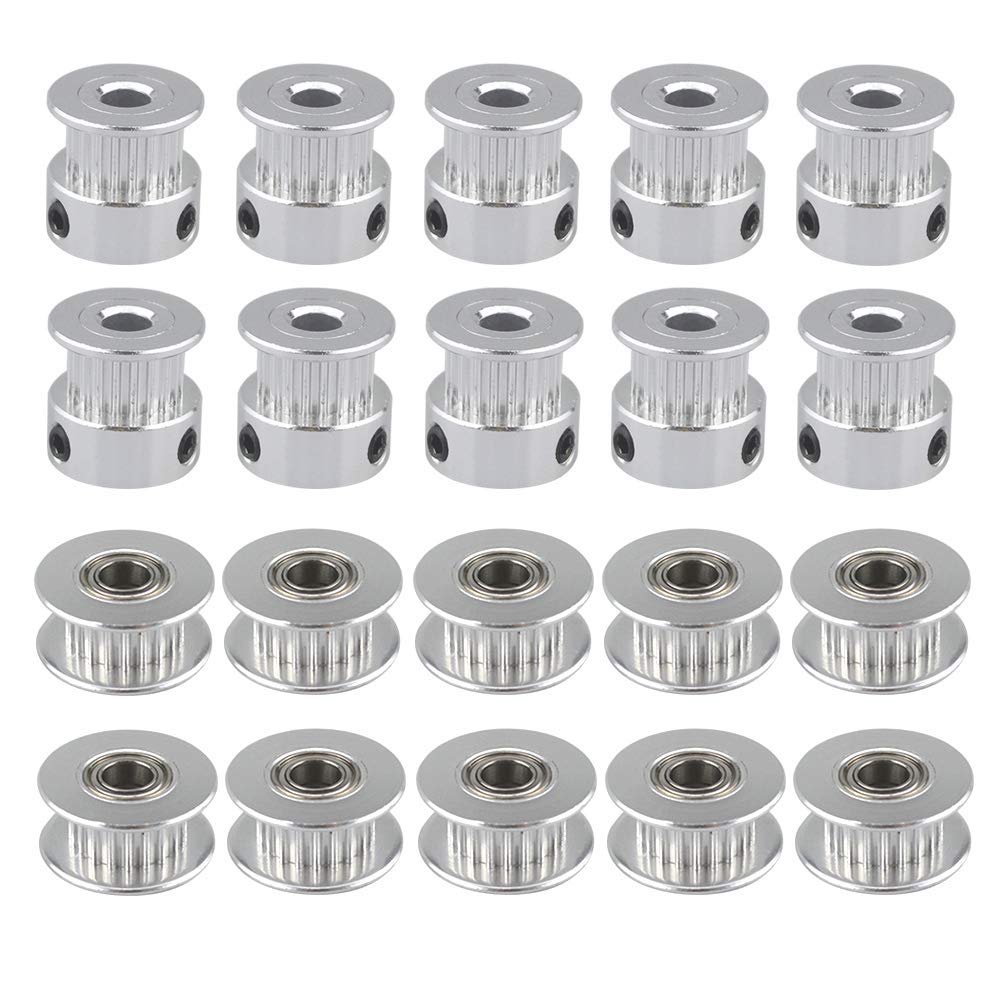 QitinDasen 20Pcs Premium Aluminum GT2 Pulley Kit, 20 Teeth 5mm Inner Bore, 10Pcs Timing Belt Pulley + 10Pcs Timing Belt Idler Pulley, for 3D Printer 6mm Width Timing Belt
