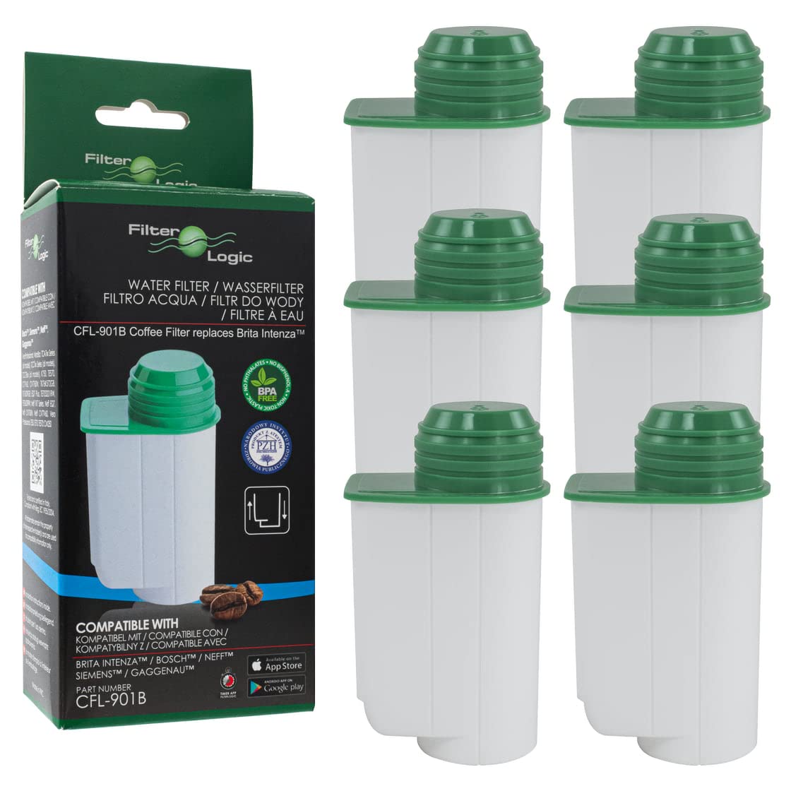 FilterLogic CFL-901B | 6 Pack - Water Filter Compatible with Siemens EQ Series EQ.3 EQ.300 EQ.5 EQ500 EQ.6 EQ.9 - Bosch Verocup Verobar Coffee Machine Replaces Brita Intenza TZ70003 TZ70033A TCZ7003