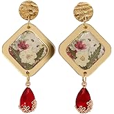 LND Real Pressed Flower Earrings, Gold-Tone, Red Crystal and Floral Design, 2 Inch Stud