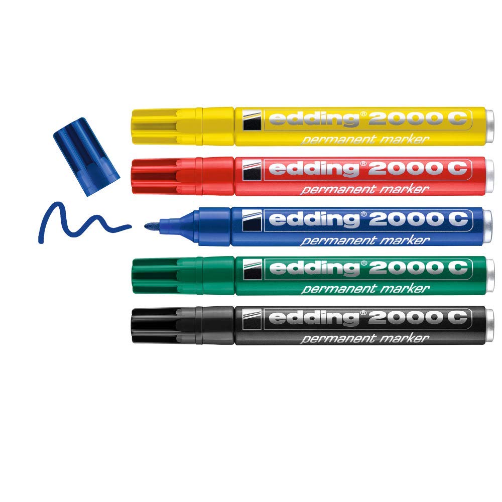 edding 2000 C permanent marker - red, blue, green, yellow, black - set of 5 basic colours - round nib - quick-drying permanent marker - waterproof - for cardboard, plastic, wood, metal, glass