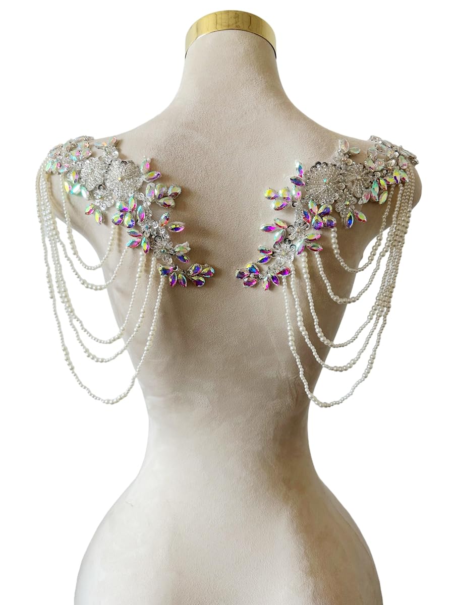 Photo 1 of 1 Pair Beaded Rhinestones Applique Embellishment for Clothes Epaulettes Shoulder Patches Sew-on Diamond Sequin Tassels Applique for Wedding Dress DIY Accessories 9.8X10.2inches (Clear AB)