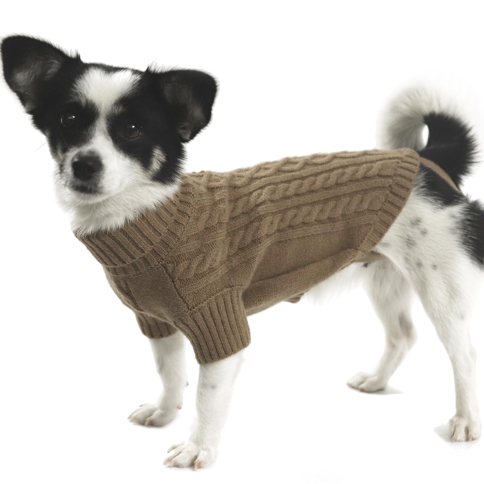 LiebeDD Small Dog Jumpers, Turtleneck Knitted Dog Sweater with Leash Hole Winter Warm Puppy Jumper for Small Dogs Cold Weather Knitwear for Chihuahua Sausage Yorkshire Terrier, Khaki — image 1