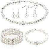 5 Pcs Faux Pearl Necklaces for Women Adult Pearl Necklace and Earring Set Rhinestone Necklace Earrings Bracelet Jewelry for Party Wedding Gift Accessories