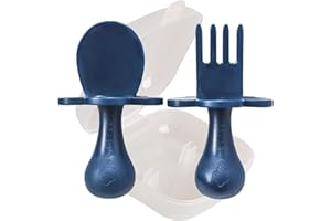 Grabease Baby Feeding Utensils Set - Infant and Baby Fork and Spoon for Ages 1-11 Months, BPAs and Phthalate-Free Cutlery, Plastic, 1 Set, Navy