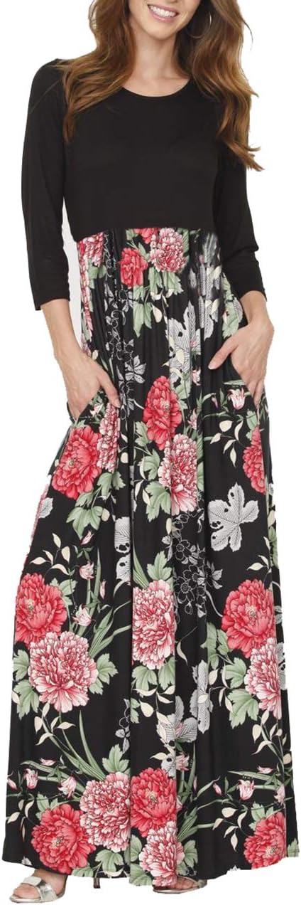 DUNEA Women's Maxi Dress Floral Printed Autumn 3/4 Sleeve Casual Tunic Long Maxi Dress