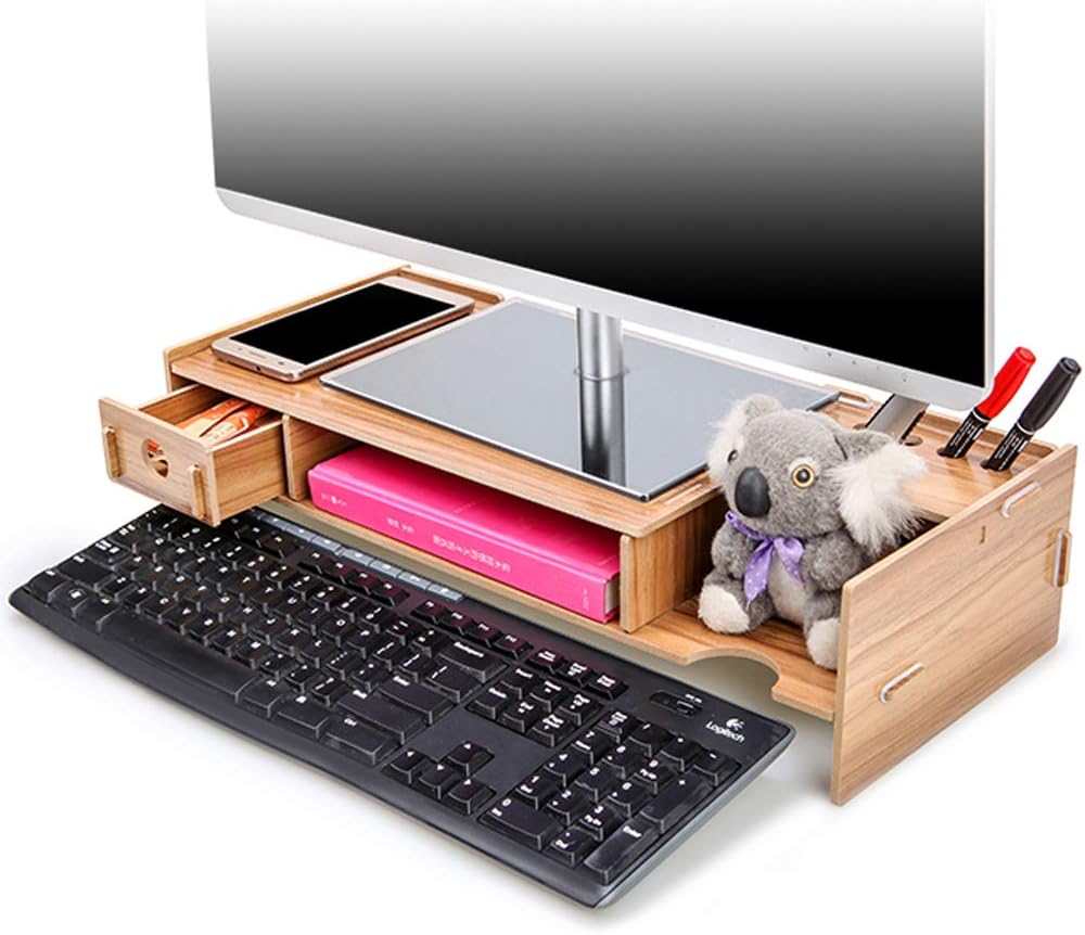 Monitor Stand Wooden DIY Assemble 2 Tier Laptop Printer Stand Riser with Drawer Keyboard Storage Space Organizer for Home Office