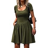 Mieazom Women's Summer Casual Short Sleeve Mini Dress Square Neck A Line Pleated Swing Dresses Basic Short Dress with Pockets