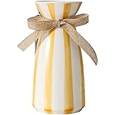 Ceramic Vases - Flower Vase, Home Decor Ceramic Vase, Living Room Bedroom Dining Room Office Bookshelf Decor (White with Yellow Stripe)