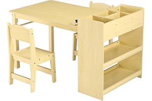 Joankaren Kids Art Table with 2 Chairs – Wooden Activity Desk with Storage Shelves, Roll Paper Dispenser & Deep Compartments 