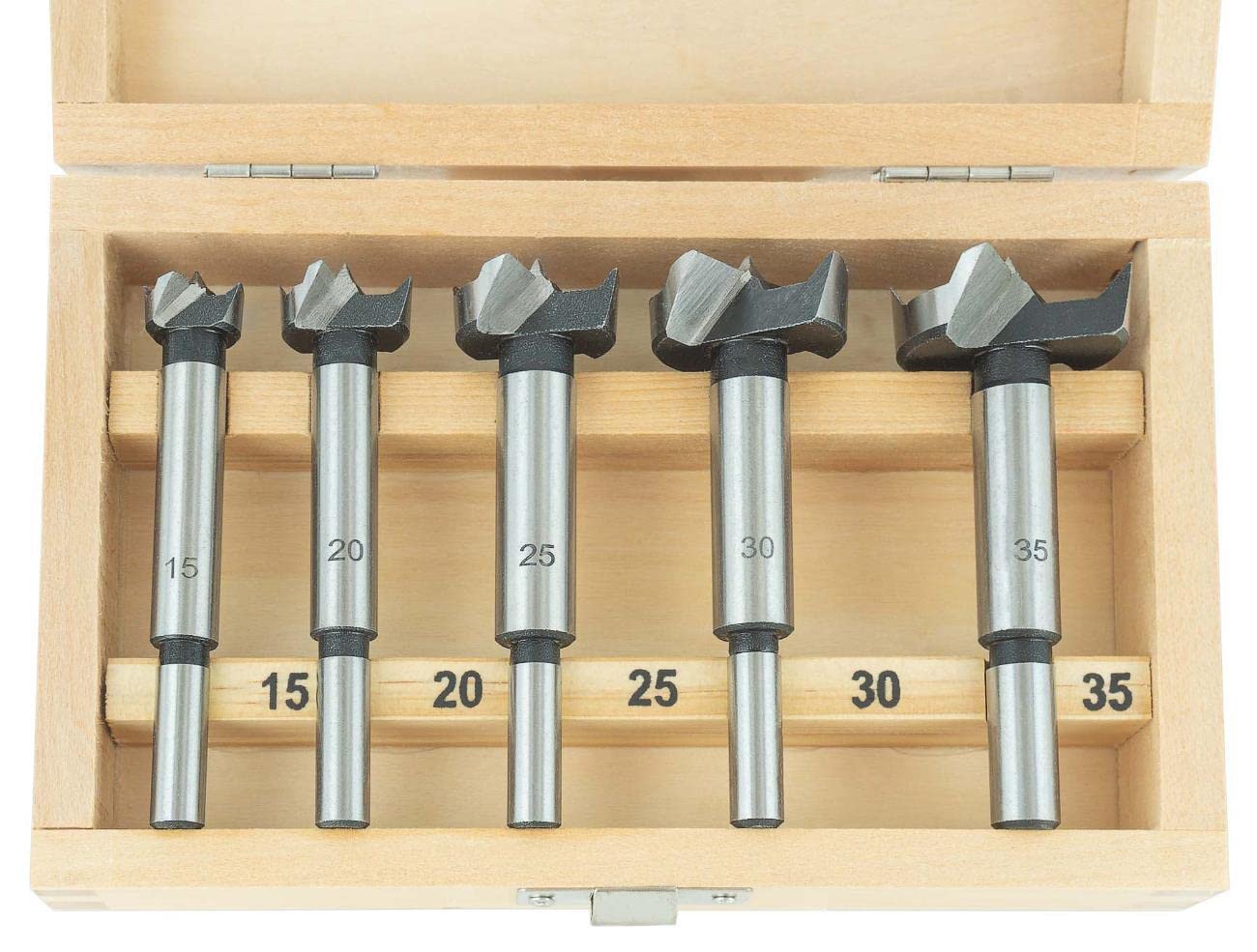 ENT 25250 5 pcs. hinge boring router bit set Ø 15, 20, 25, 30 and 35mm with Ø 8 and 10 mm shaft, drill bits made of tool steel, wood drill bit set for softwood, in DIY design