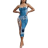 Nimsruc Womens Sexy Summer Dresses Spaghetti Strap Thigh-high Slit Ruched Bodycon Maxi Club Cocktail Party Dress