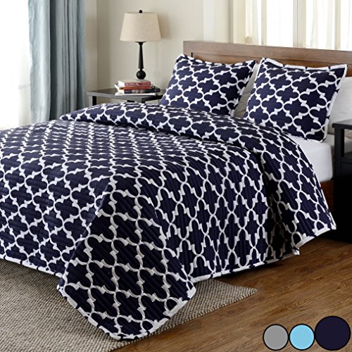 downluxe Reversible 3 Piece Bedspread Coverlet Set - Quilt Set with Shams,Queen,Navy -Lightweight and Hypoallergenic