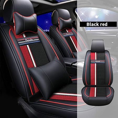 Amazon 全天候用カスタムフィットシートカバー 日産 Nissan スカイラインクーペ 完全保護防水カーシートカバーヘッドレストと腰部クッション付きの超快適性ラグジュアリーパッケージ ブラック レッド フルセット シートカバー 車 バイク