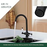 Funime Kitchen Mixer Tap White Ceramic Dual Lever Matte Black Swan Neck 360° view 4