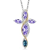 Cross Necklace For Women In 925 Silver and 10K Yellow Gold with Blue Tanzanite and London Blue Topaz | 1.46 Cttw | Jesus Christian Religious Crucifix | Marquise 8X4MM | With 18 Inch Chain