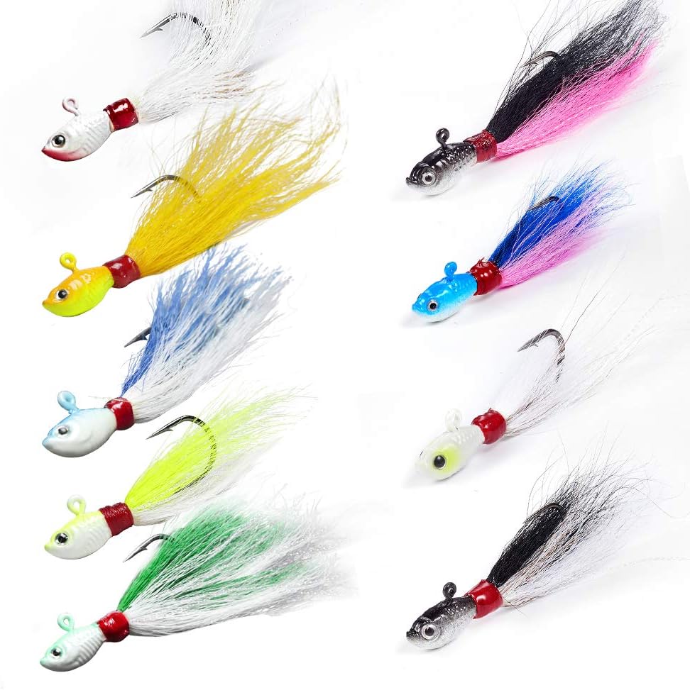Alwonder 3/5 Pack Bucktail Jigs, Saltwater Bucktail Fishing Lures Surf Bucktail Swimbait Jig Surf Fishing for Fluke, Flounder, Striper, Pompano, Walleye, 1/2oz, 1oz, 2oz