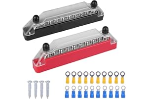 ZUOLUN Bus Bar, Power Distribution Terminal Block with M6 Terminal Studs and M4 Terminal Screws, Battery Distribution Block with Ring Terminals, Ground Bus Bar Kit for Car/Boat/Marine - Red & Black 2pcs