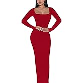 Doweha Women's Square Neck Long Sleeve Maxi Dress Sexy Knit Bodycon Long Dress for Women