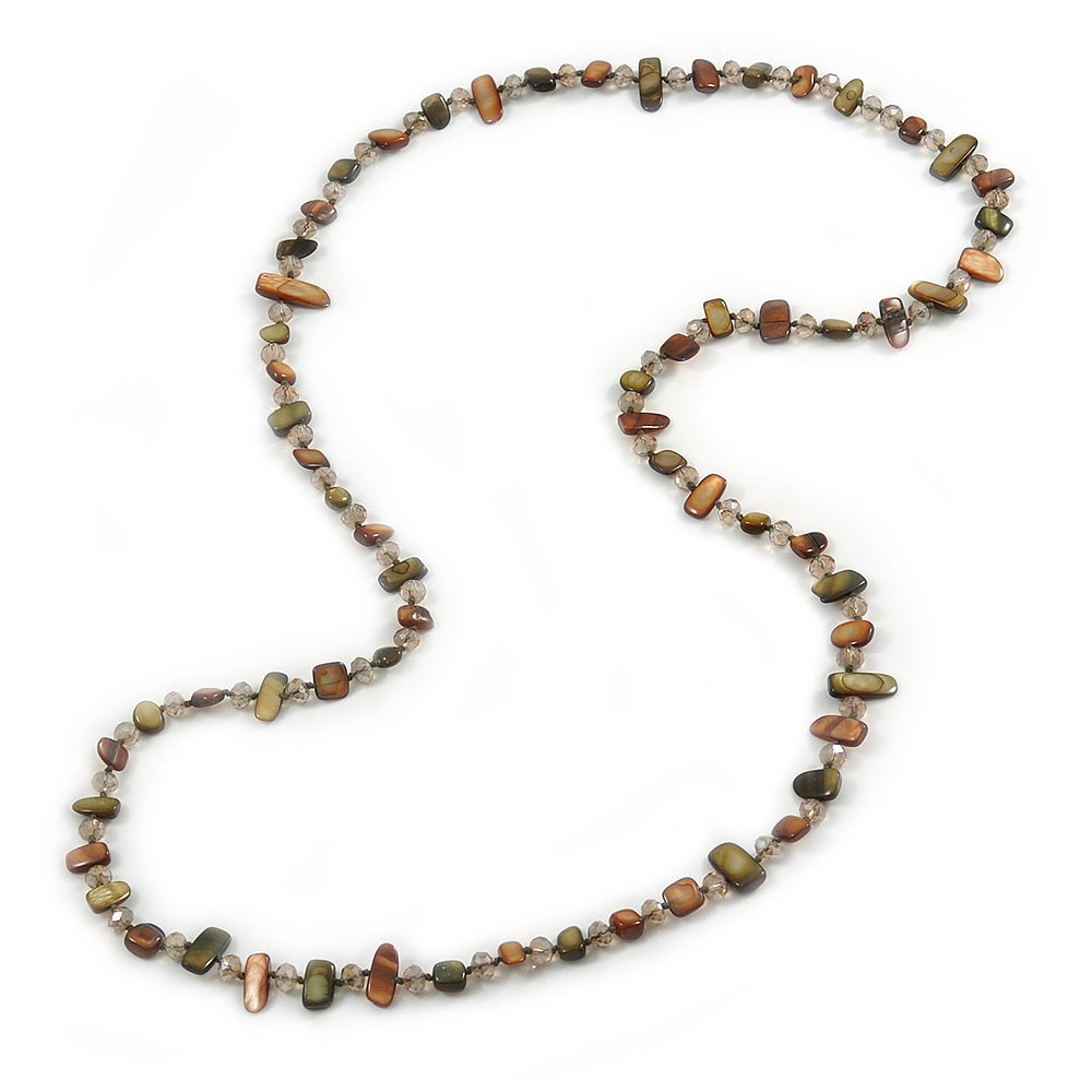 Avalaya Statement Long Olive Green/Brown Shell Nugget and Glass Crystal Bead Necklace/ 110cm Long