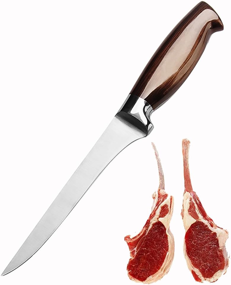 Outeam Global Boning Knife- High Carbon Stainless Steel Flexible Blade & Copper-plated Wood Handle Slicing Knife for Removing Bones from Poultry,Meats,Fish etc