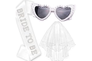 Ricawa Bachelorette Party Bride to Be Decorations - 3 PCS | Pearl Sash, White Heart Sunglasses, Veil | Bridal Shower Favors, Wedding, Engagement