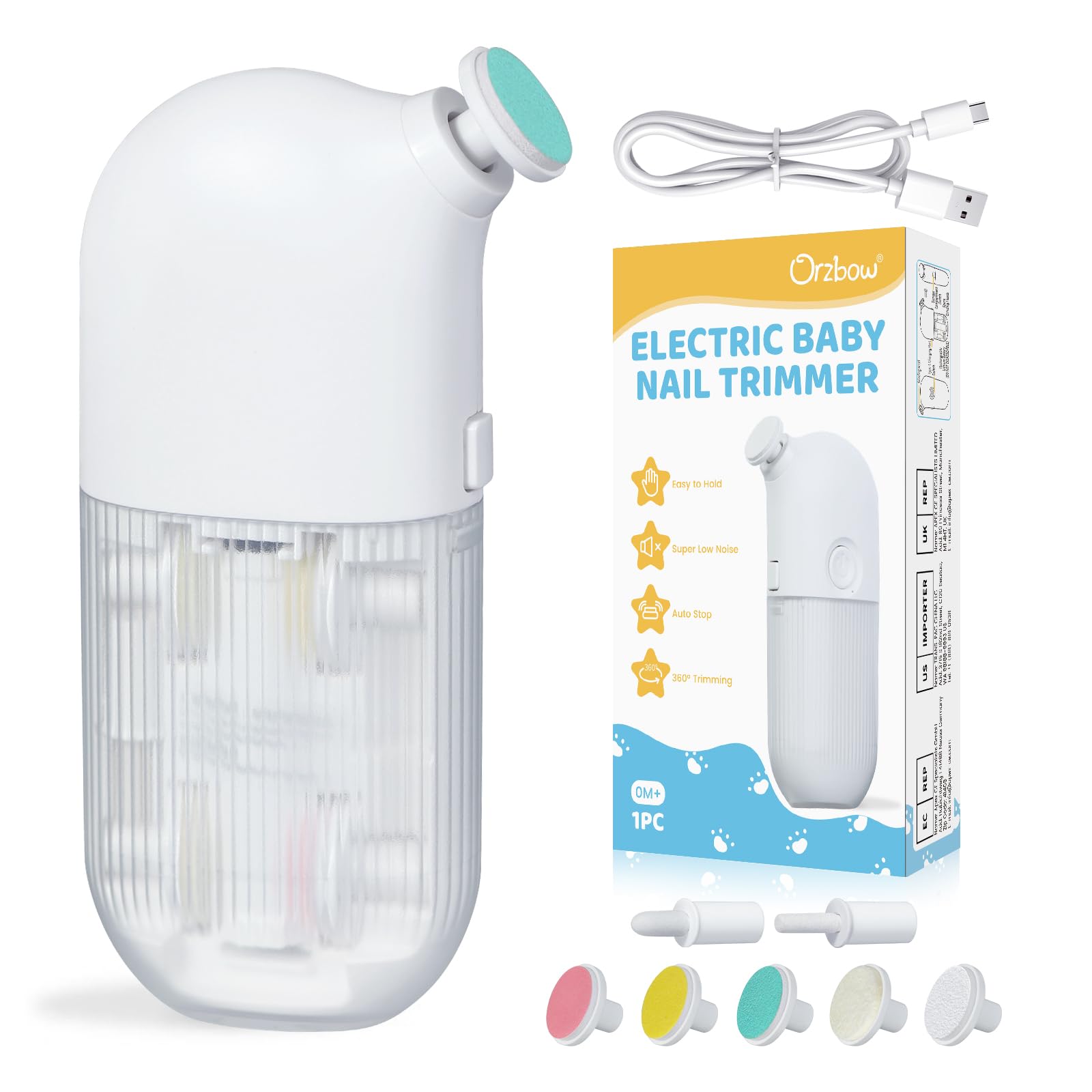 Baby Nail File Electric, Integrated Nail Clippers with 7 Grinding Heads, Rechargeable Electric Nail File Baby Suitable for Infants and Adults, Low Noise, Simple Operation, Portable, White