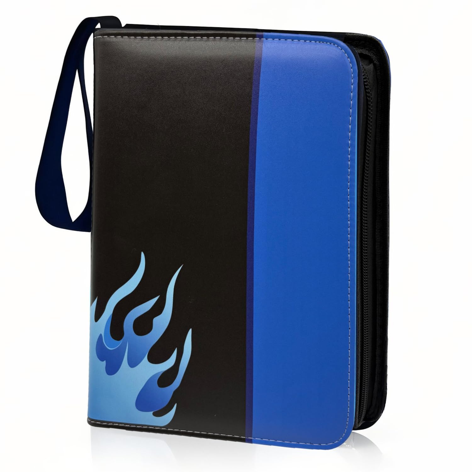Photo 1 of 400 Card Binder for Trading Cards, 4-Pocket Card Holder with Zipper & Handle, PU Leather Design Album for Kids Collectible Card Storage (Blue flames)